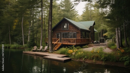 Lakeside Cabin Surrounded by Forests