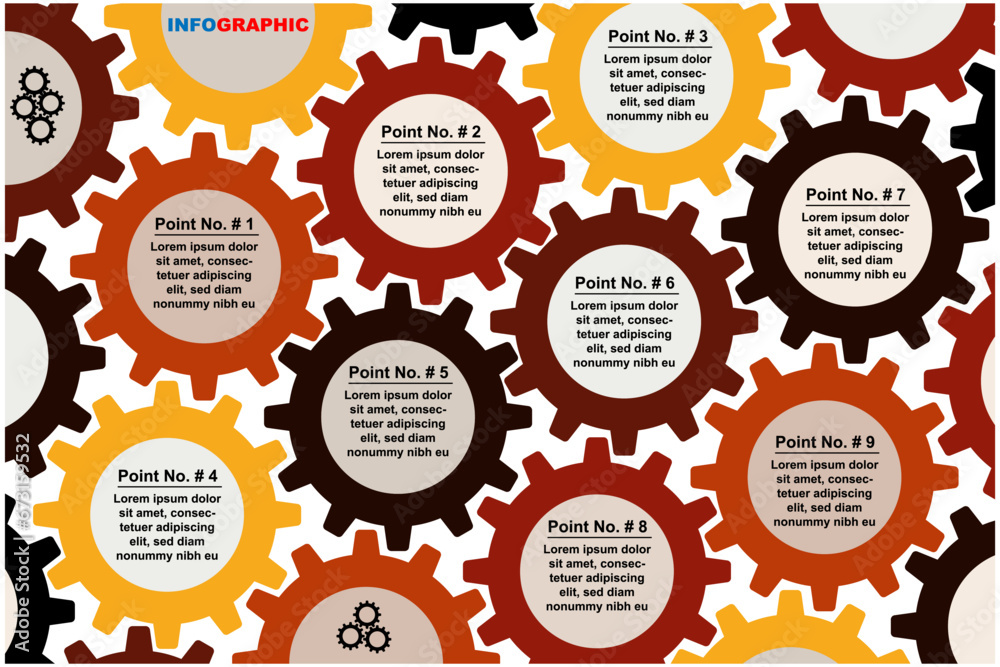 Gear Shape Infographic design template with 9 options or steps. Can be