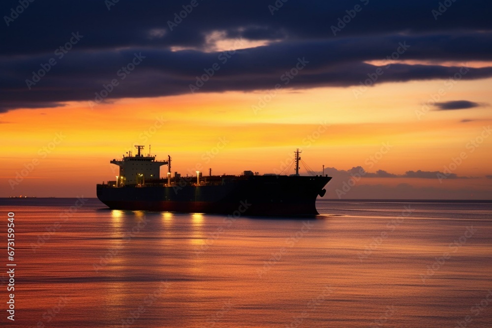 An oil tanker sailing at twilight, supporting global trade. Generative AI