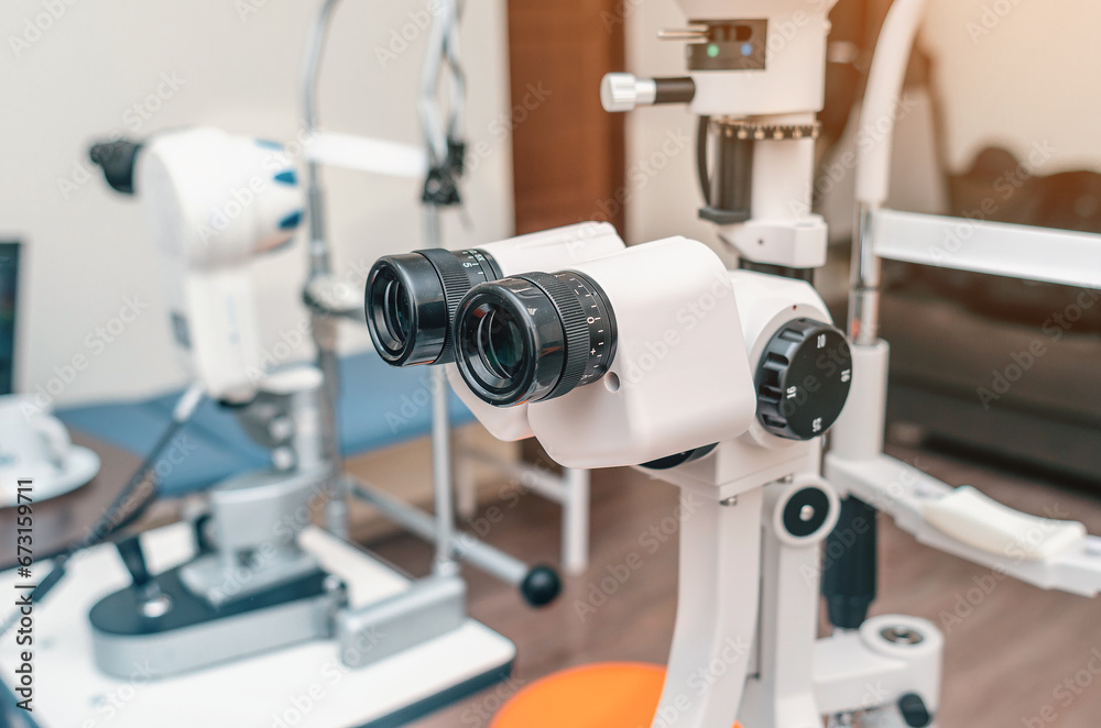 Ophthalmological clinic, eye care, selection of glasses. Optical equipment. Ophthalmological clinic, eye care, selection of glasses. Optical equipment.