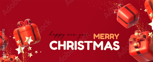 Merry Christmas and Happy New Year design template with gift box. Happy holidays. Special season offer.