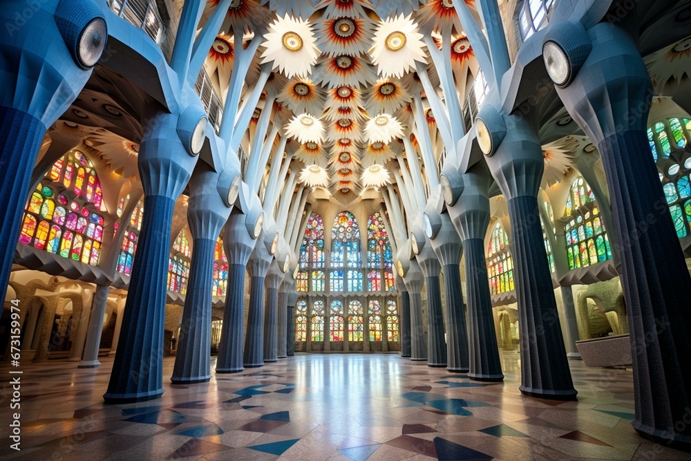 Captivating atmosphere: within the magnificent Sagrada Familia. Generative AI - obrazy, fototapety, plakaty 
