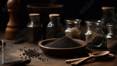 Black Pepper Powder in Glass Jar and Bowl on Kitchen Table Blurred Background