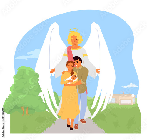 Angel keeper protecting covering with wings young family with newborn