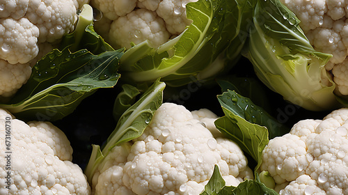 Group of Cauliflowers with Green Leaves Background Selective Focus photo