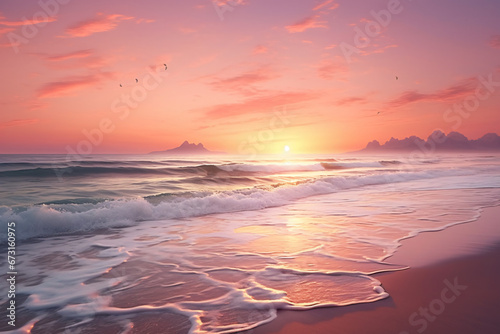 A serene beach scene at sunrise or sunset with soft pink and peach tones.  Peach Fuzz color of the 2024. Travel concept. Design for brochures, wallpaper, or banner photo