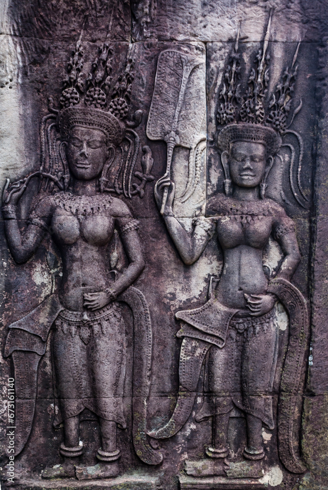 Devatas in Angkor Wat temple, Angkor, Siem Reap, Cambodia, Asia