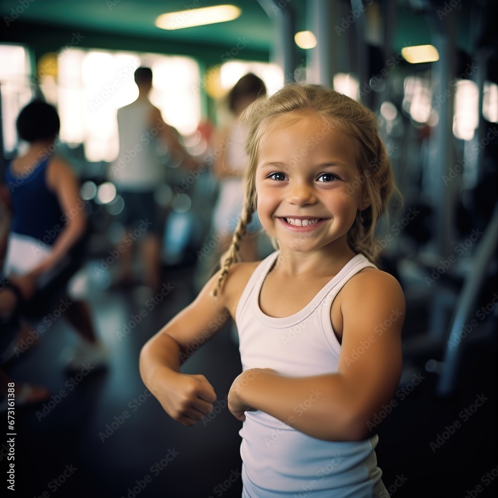 Sporty little girl in good shape in gym. Generative AI