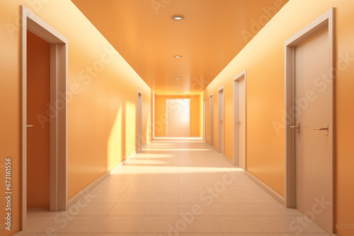 A corridor with warm lighting and multiple doors. Apricot Crush trendy color. Modern interior design. Suitable for banner, backdrop, or wallpaper