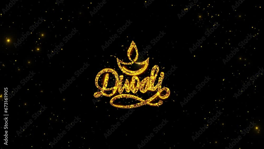 Golden Diwali Greetings wishes diya lamp, Diwali Fireworks and Rangoli and twinkling particles celebrate festival of lights. Indian festival of lights called Diwali or Deepavali.