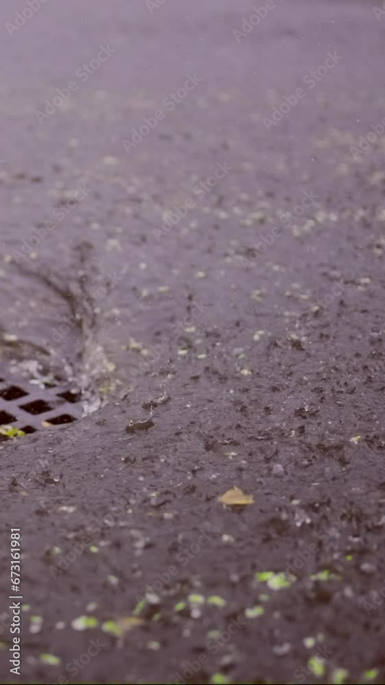 Vertical video, Slow motion, Panorama, Close up of swift stream of rainwater flows into storm drain. Heavy rain leads to sewage overflow, flood in city Vertical video, Slow motion, Panorama, Close up of swift stream of rainwater flows into storm drain. Heavy rain leads to sewage overflow, flood in city