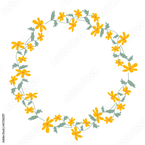 Circle floral draw frame vector illustration. Hand drawn doodle yellow flowers. Color Floral border.