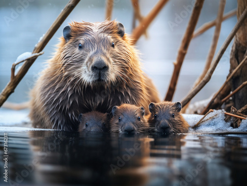 A Photo of a Beaver and Her Babies in a Winter Setting
