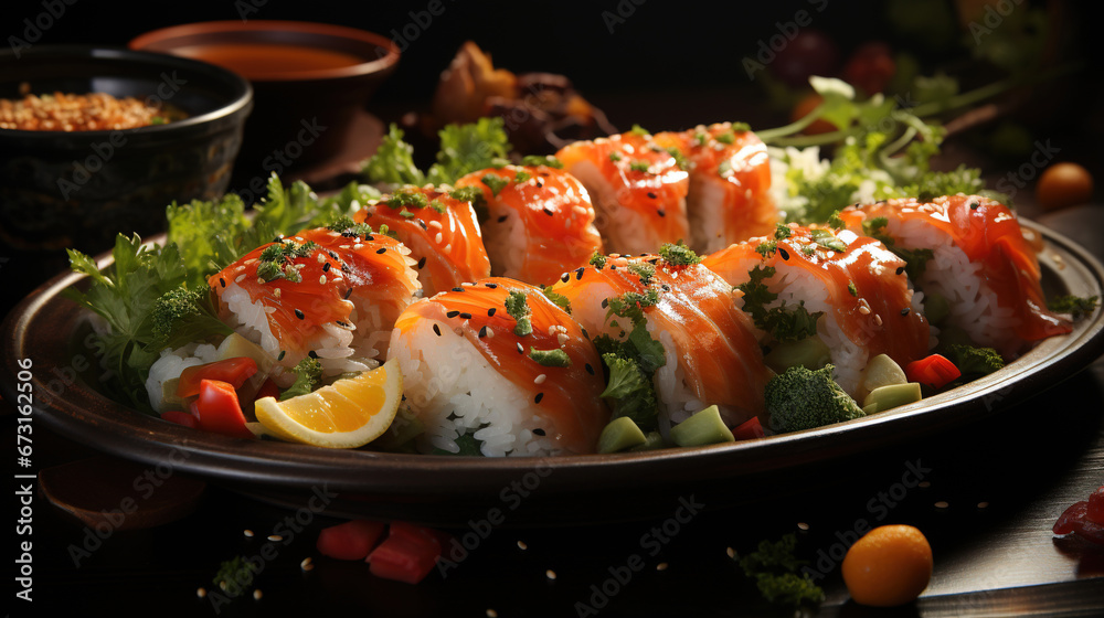 Most Delicious Sushi Restaurant Selective Focus Background Most Delicious Sushi Restaurant Selective Focus Background