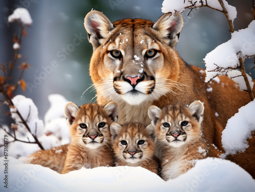 A Photo of a Mountain Lion and Her Babies in a Winter Setting