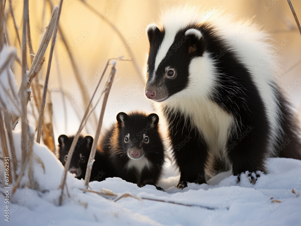 A Photo of a Skunk and Her Babies in a Winter Setting