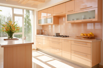Crédence de cuisine Pantone 2024 Peach Fuzz Sunlit modern kitchen with peach-toned cabinets. Warm interior design. Peach Fuzz color of the 2024. Suitable for banner or backdrop  © dreamdes
