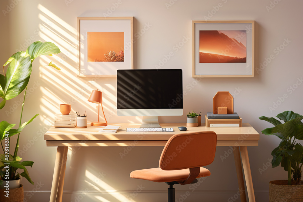 Home office setup with warm sunlight casting stripes on the desk. Apricot Crush color elements. Productivity and modern workspace. Design for home office ideas, promotions, or banner
