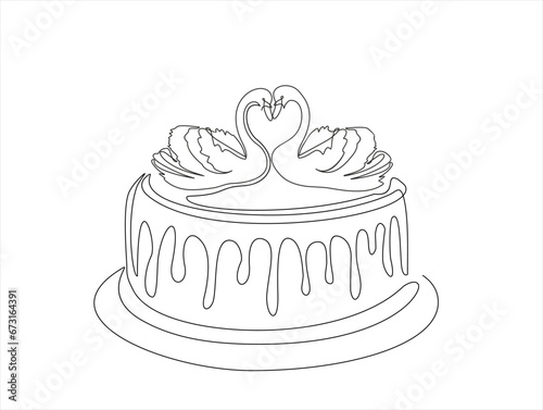 Continuous line drawing of wedding cake with two Swans . Single one line art piece of sweet food dessert. Vector illustration © mitay20