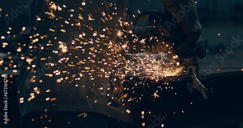 Worker Using Industrial Grinder Metalwork Industry