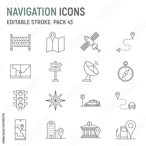 Navigation line icon set, traffic collection, vector graphics, logo illustrations, navigation vector icons, map signs, outline pictograms, editable stroke