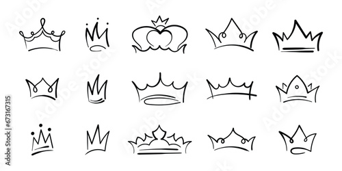 Hand drawn sketch crown, Simple graffiti crowning, elegant queen or king crowns. Vector illustration set photo