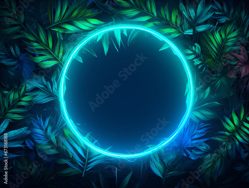 Abstract creative neon background with tropical leaves and blue bright circle with copy space