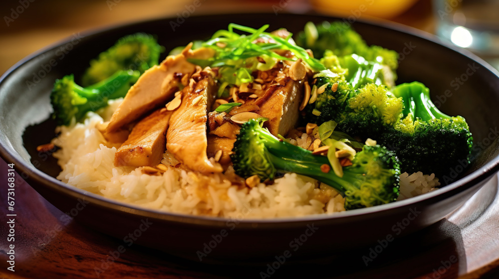 Coconut Rice Served in a Bowl Topped with Steamed Broccoli and Garlic Chicken Selective Focus Background Coconut Rice Served in a Bowl Topped with Steamed Broccoli and Garlic Chicken Selective Focus Background