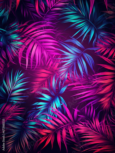 Abstract creative neon blue and pink background with tropical leaves