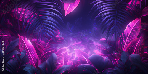 Abstract creative neon blue and pink background with tropical leaves