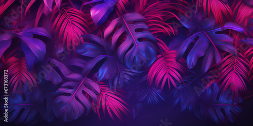 Abstract creative neon pink and purple background with tropical leaves