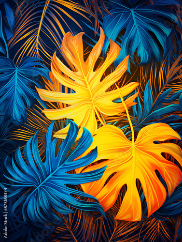 Abstract creative neon blue and yellow background with tropical leaves © TatjanaMeininger