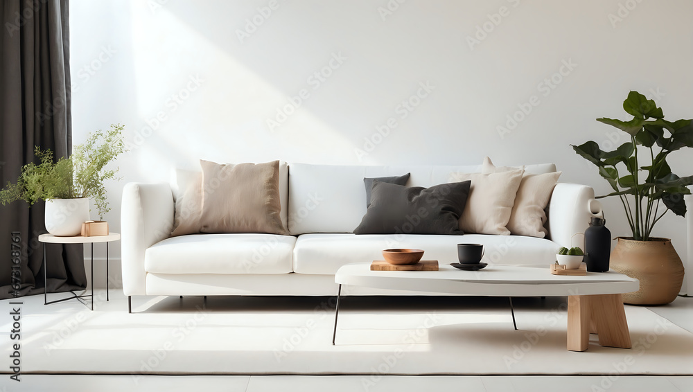 a living room with a white couch and a coffee table a living room with a white couch and a coffee table