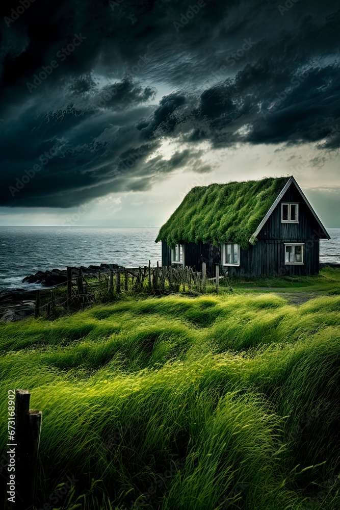 A house sitting on top of a lush green hillside. Stormy seas, windy beach. Generative AI