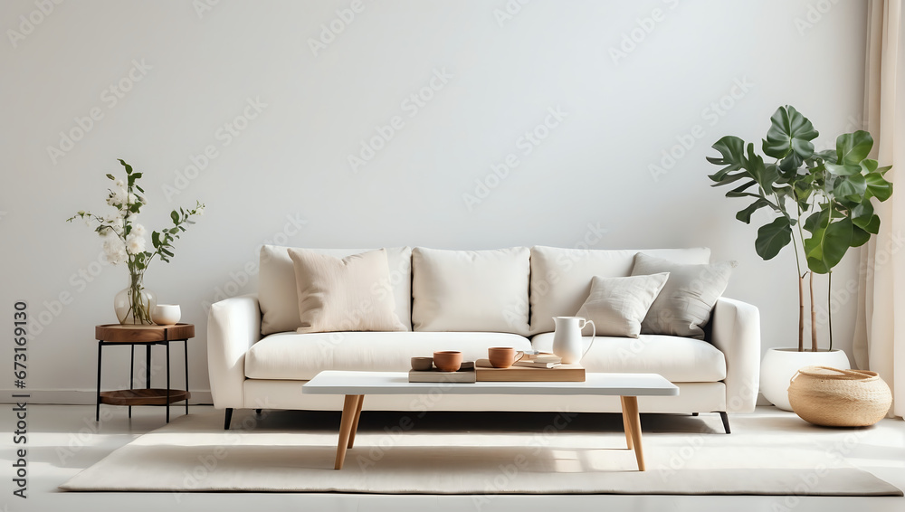 a living room with a white couch and a coffee table a living room with a white couch and a coffee table