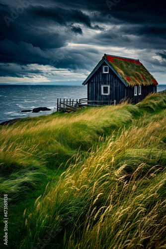 A house sitting on top of a lush green hillside. Stormy seas, windy beach. Generative AI