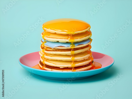 Colorful pancakes with dripping syrup in the plate minimalism. High quality