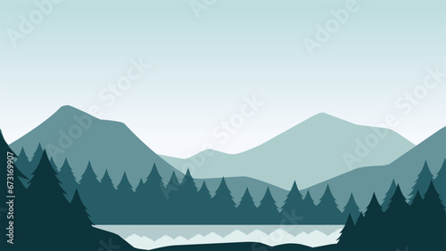 Pine forest landscape vector illustration. Silhouette of coniferous landscape in the lake. Pine forest lake landscape for background, wallpaper or landing page © Moleng