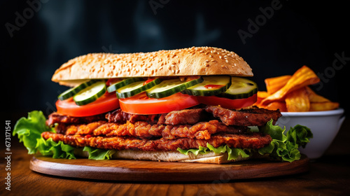 Crispy Bacon Burger with Chicken on Wooden Table Selective Focus Background