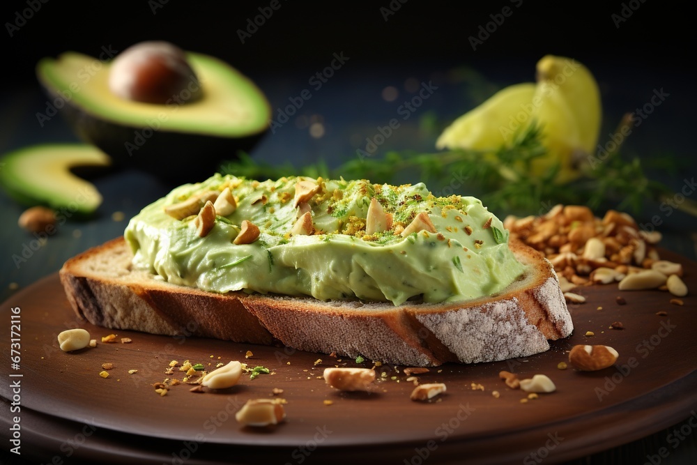 Toast topped with avocado and pistachio paste and garnished with whole and crushed nuts on a wooden plate, with half an avocado on a dark background. Pistachio flavor concept Toast topped with avocado and pistachio paste and garnished with whole and crushed nuts on a wooden plate, with half an avocado on a dark background. Pistachio flavor concept