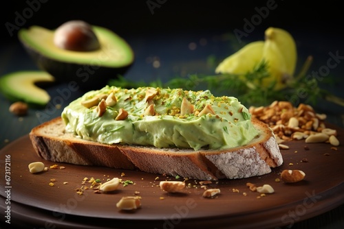 Toast topped with avocado and pistachio paste and garnished with whole and crushed nuts on a wooden plate, with half an avocado on a dark background. Pistachio flavor concept
