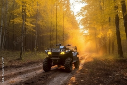 ATV with bright lights drives in thick forest. Generative AI