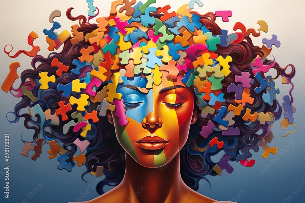 A portrait of a young woman with long hair, whose head is replaced by colorful puzzles symbolizing the complexity of human consciousness. Neural diversity concept.