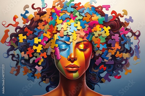 A portrait of a young woman with long hair, whose head is replaced by colorful puzzles symbolizing the complexity of human consciousness. Neural diversity concept. photo
