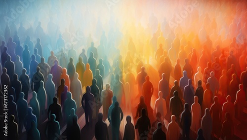An abstract image of a multitude of people illuminated by a bright light coming from above, creating a sense of a mystical or religious experience. Neural diversity concept.