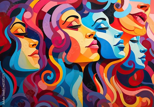Colorful abstraction of stylized female profiles representing different races  expressing cultural diversity and unity. Neural diversity concept.