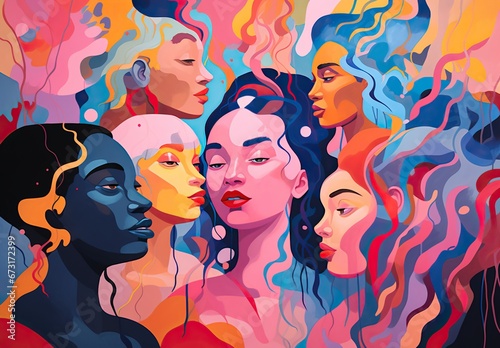 Colorful abstraction of stylized female profiles representing different races, expressing cultural diversity and unity. Neural diversity concept.