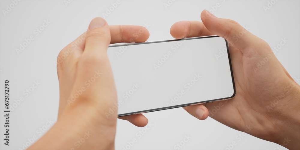 Caucasian man holding phone on a white background, blank screen mockup Caucasian man holding phone on a white background, blank screen mockup