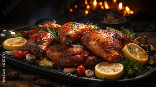 Marinated Chicken on a Grill in Restaraunt Style on Blurry Background