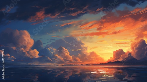 Gorgeous city landscape with a cartoon summer sunrise  fluffy clouds  a peaceful lake  and a bright sun shining in the sky. Anime style